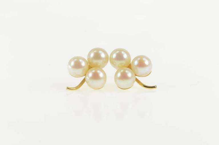 14K Yellow Gold 1960's Pearl Cluster Clover Shamrock Stud Earrings