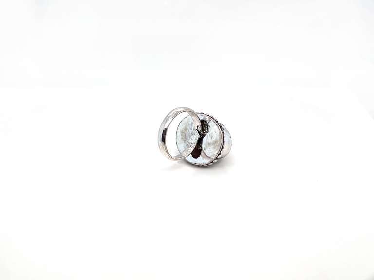 Oval Opalesque Gray Stone In Ornate Tibetan Silver Beaded Ring