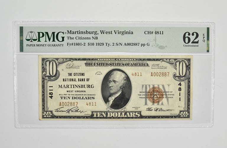 $10 1929 Martinsburg, WV Nat'l Currency 4811 PMG 62 EPQ UNC Fr# 1801-2