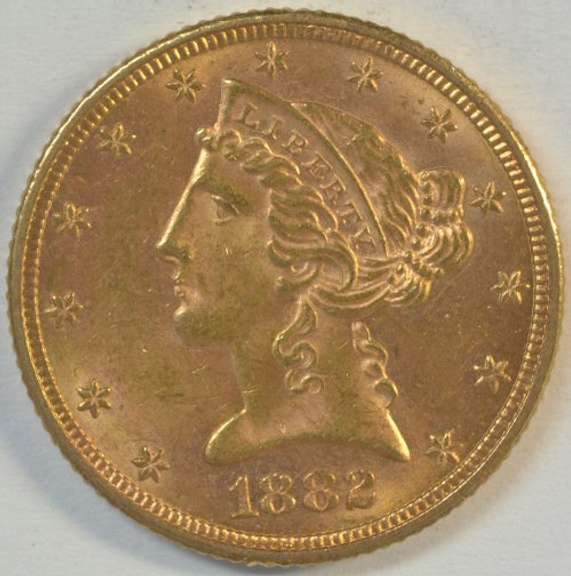 Fresh BU 1882 US $5 Liberty Gold Piece. Full strike.