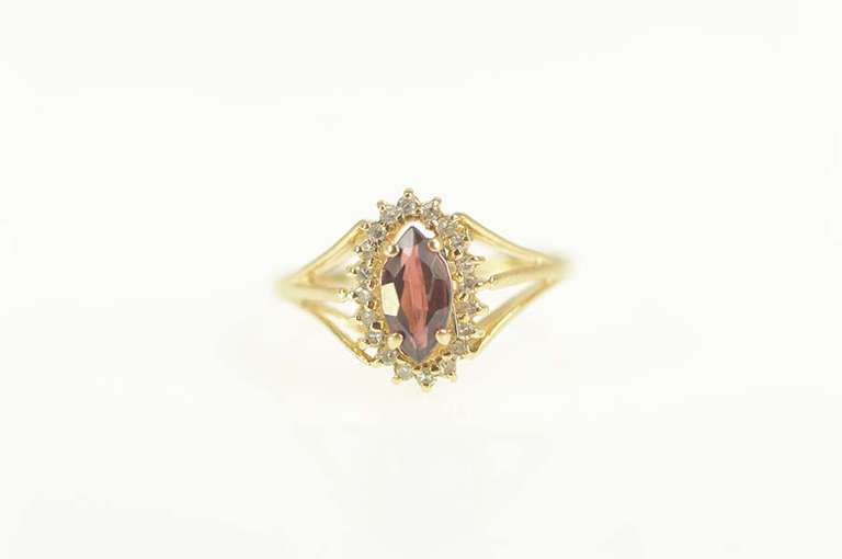 14K Yellow Gold Marquise Garnet Diamond Halo Engagement Ring