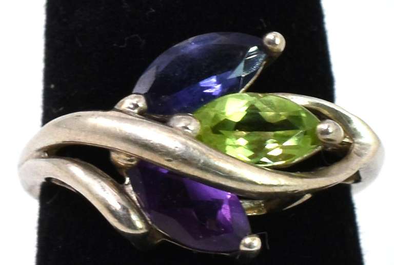 Sterling Silver Iolite, Peridot, And Amethyst Ring