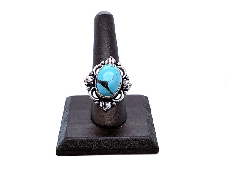 Oval Tibetan Turquoise in Ornate Silver Energy Ring