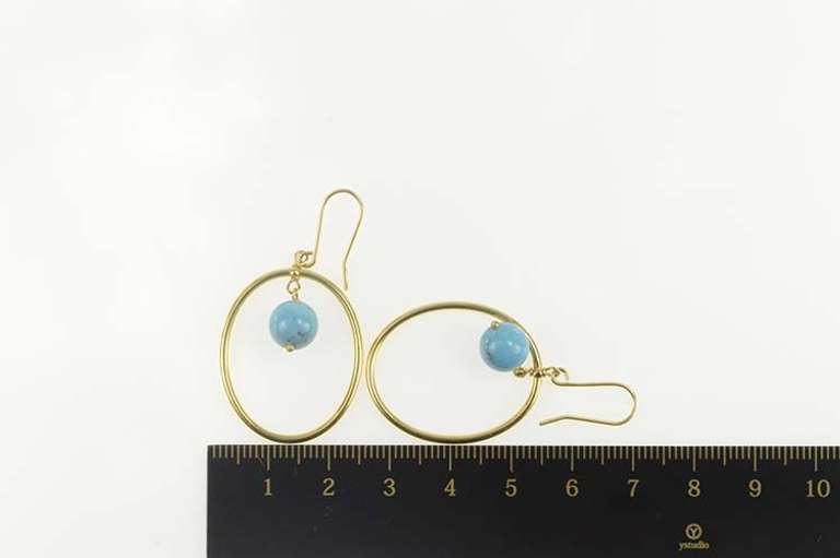 14K Yellow Gold Turquoise Dangle Oval Bead Statement Earrings
