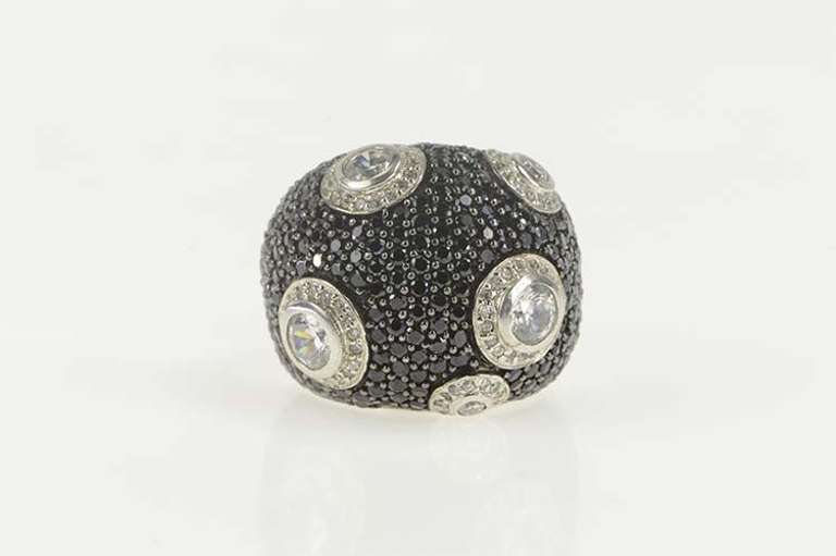 Sterling Silver Pave White & Black Cubic Zirconia Domed Ring