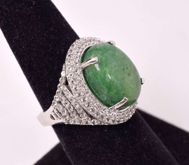 Precious 10.22CTS Cabochon-Cut Natural Emerald & 2.17CTW White Topaz Ring in Sterling Silver