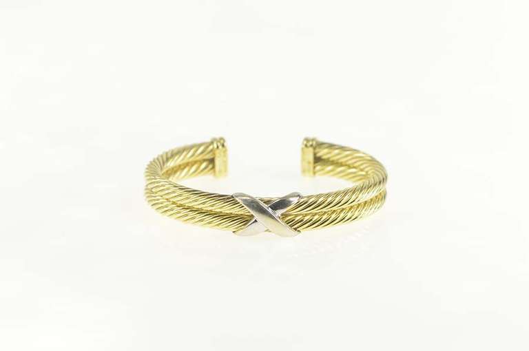 14K Yellow Gold David Yurman Double Cable Cuff Two Tone Bracelet
