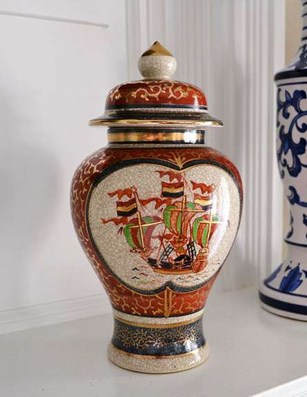 Japan Lidded Ginger Spice Jar Vase With a Crackle Finish and Sailing Vessels Pattern