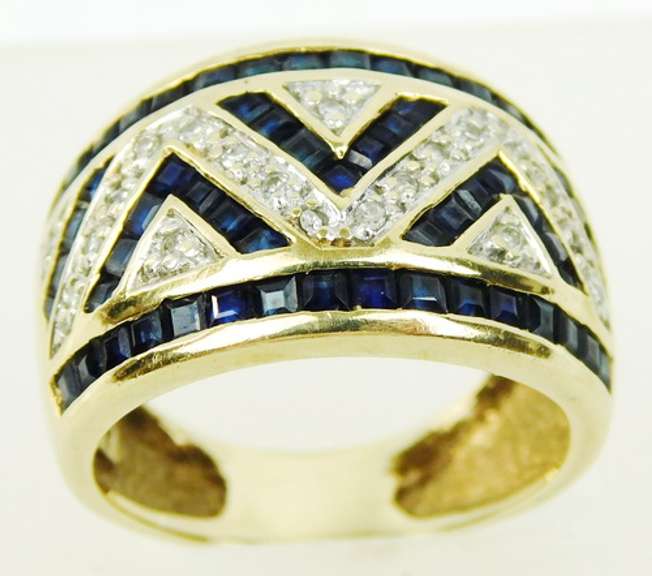 10K Blue Sapphires & Diamonds Wide Band, Size 6