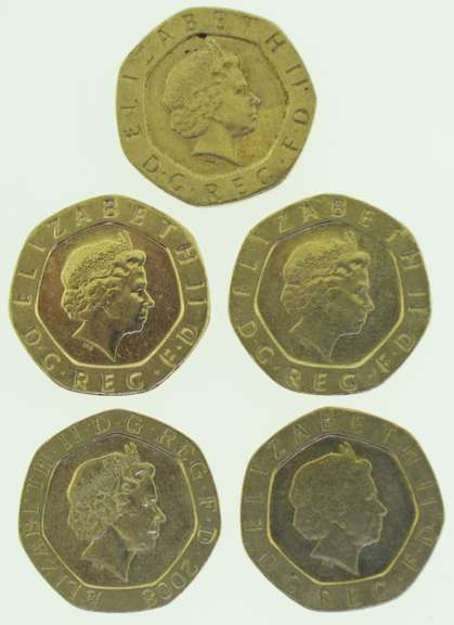 Lot of Five Elizabeth II DG REG FD 20 Pence UK Coin