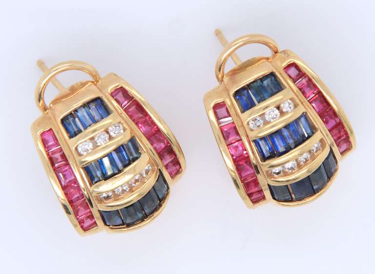 Fabulous Yellow Gold Blue Sapphire, Ruby and Diamond Earrings