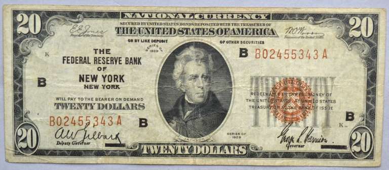New York $20 1929 National Currency Note