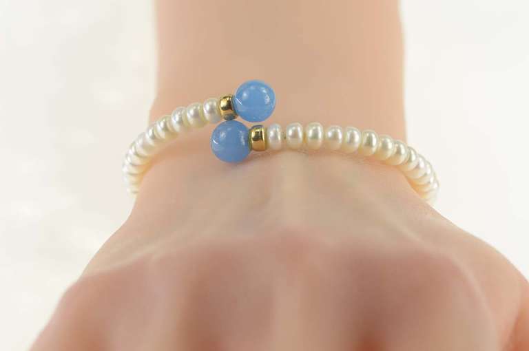14K Yellow Gold Blue Chalcedony Pearl Bypass Statement Bracelet