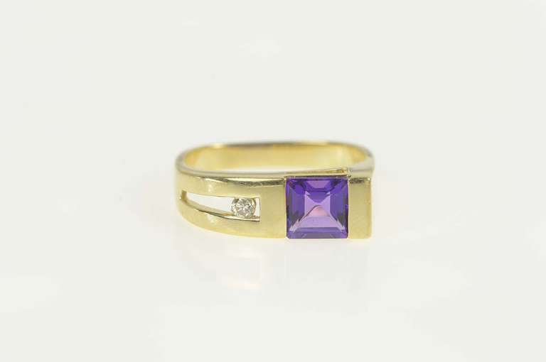 14K Yellow Gold Princess Amethyst Diamond Accent Statement Ring