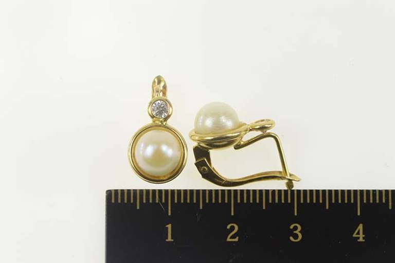 18K Yellow Gold Pearl CZ Accent Classic Statement Dangle Earrings