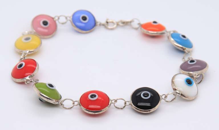 Sterling Silver Signed Multi Gemstone Evill Eye Link Bracelet