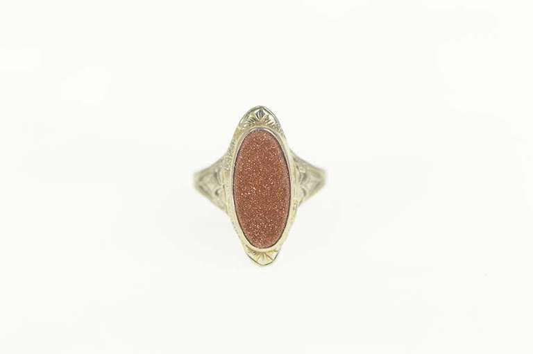 10K White Gold Goldstone Inset Art Deco Filigree Ornate Ring