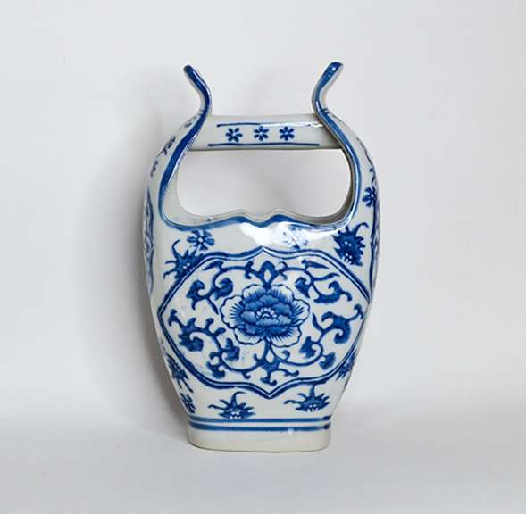 Rare Vintage Chinese Glazed White and Blue Porcelain Bucket or Basket Shape Vase With Vines and Floral Pattern