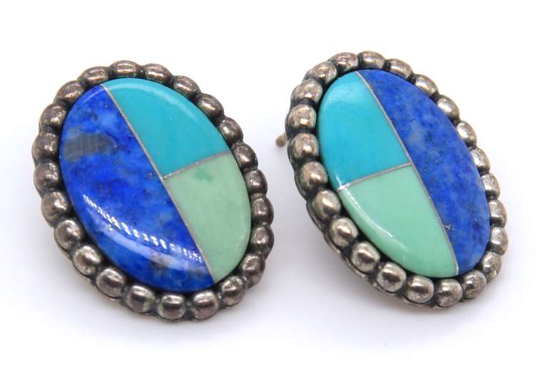 Vintage Turquoise and Lapis Sterling Silver Earrings