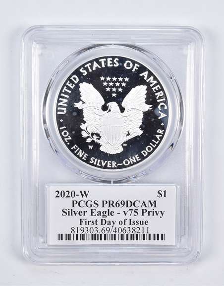 PR69 DCAM 2020-W American Silver Eagle V75 Privy Mark FDOI PCGS