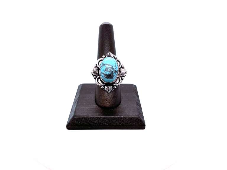 Oval Tibetan Turquoise in Ornate Silver Energy Ring