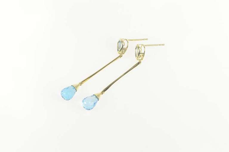 10K Yellow Gold Pear Blue Topaz Faceted Drop Dangle Bar Earrings