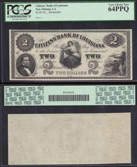 $2 18XX Obsolete Remainder Citizens Bank of Louisiana PCGS Very Choice New 64PPQ
