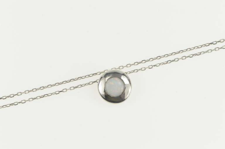 14K White Gold Opal Inset Bezel Classic Cable Chain Link Necklace