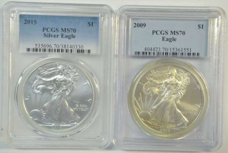PCGS MS70 graded 2009 & 2015 $1 American silver Eagle coins