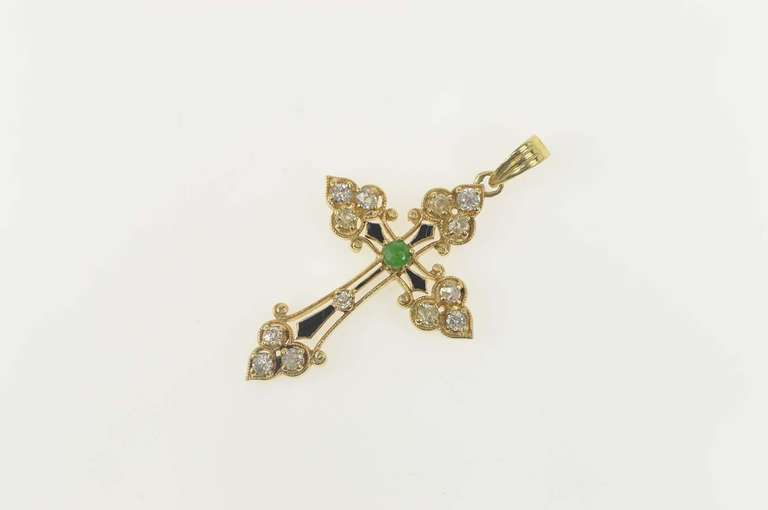 14K Yellow Gold 1.01 Ctw Diamond Emerald Cross Christian Pendant