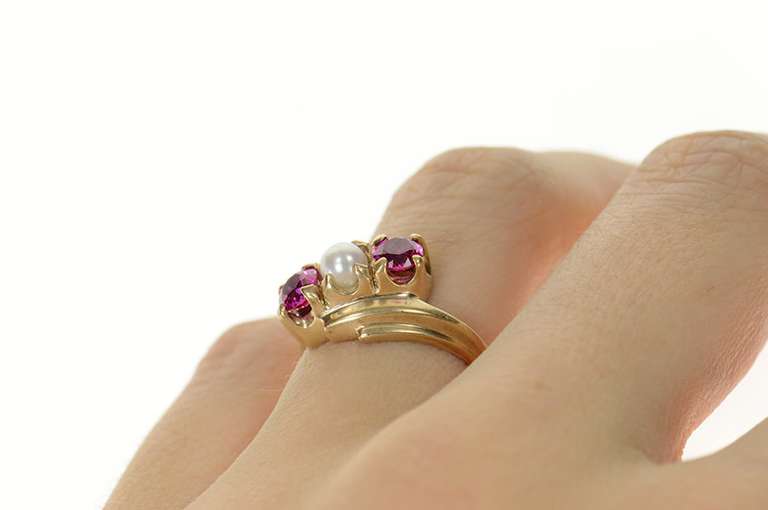 10K Yellow Gold 1950's Pearl Syn. Ruby Ornate Bypass Ring