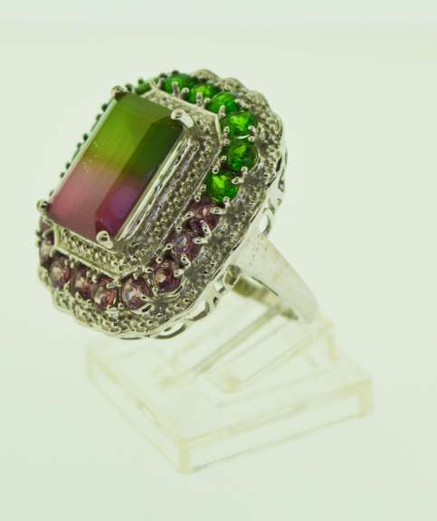 Sterling Silver Watermelon Tourmaline With Crystals Cocktail Ring