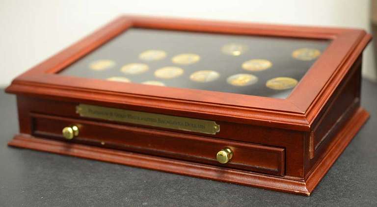 Lot Of 19 Gold And Platinum Highlighted Native American Dollars In Wooden Display Box.