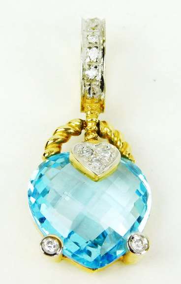 Exquisite 14K Blue Topaz & Diamonds Heart Pendant
