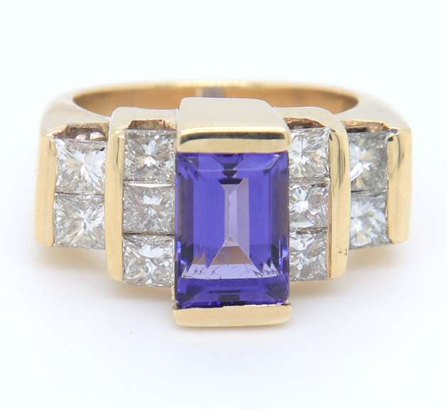 Dremy Yellow Gold Tanzanite and Princess Cut Channel Diamond Ring
