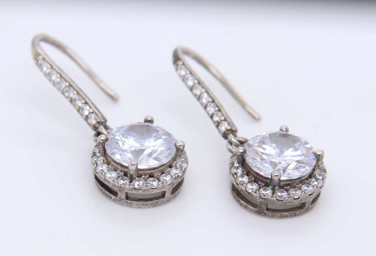 Vintage Sterling Silver Cubic Zirconia Dangle Earrings