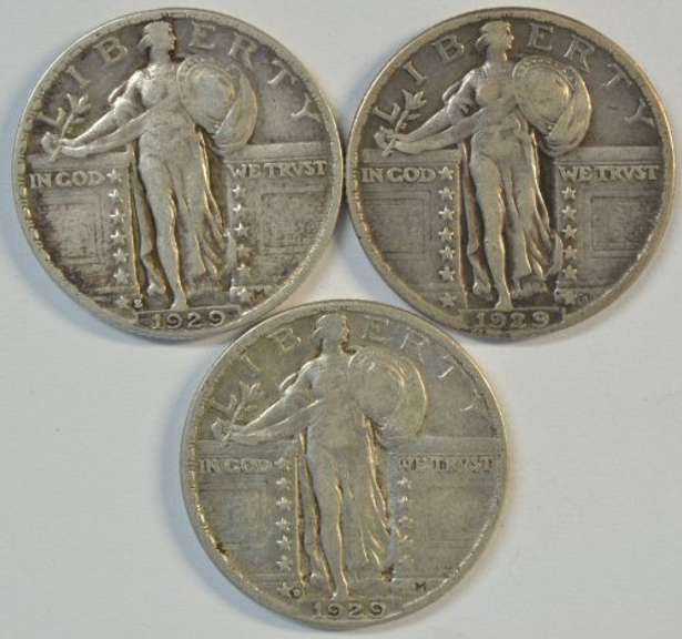 1929-P, 1929-D, & 1929-S Standing Liberty Quarters in XF