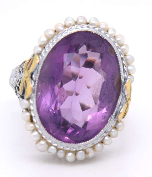 Antique White Gold Amethyst and Pearl Ring