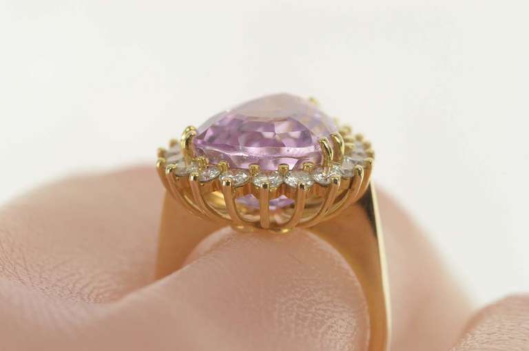 14K Yellow Gold 10.84 Ctw Pear Kunzite Diamond Halo Cocktail Ring