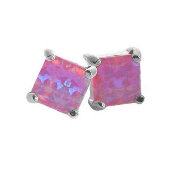 Sterling Silver 5mm Square Created Pink Opal Stud Earrings