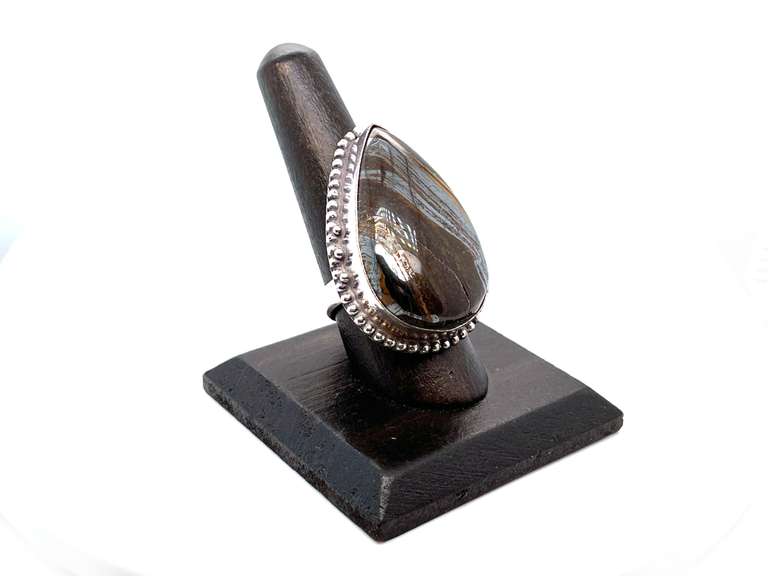 Large Tear-Drop Tiger's Eye & Hematite Stone in Tibetan Silver Ring