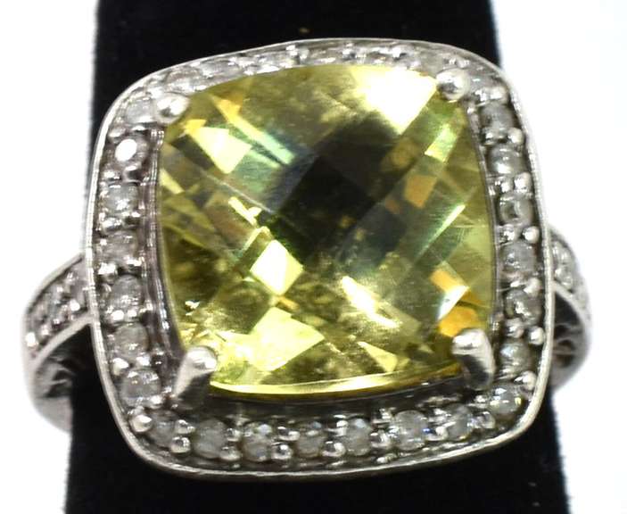 Sterling Silver Yellow Quartz Ring With Diamond Accents