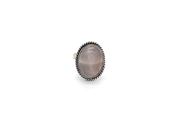 Cabochon Rose Quartz in Tibetan Silver Energy Rope Design Ring