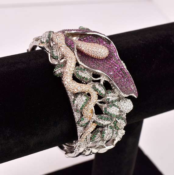 Mesmerizing 7.00CTW Diamond & 2.00CTW Tourmaline Hinged Bracelet in Sterling Silver