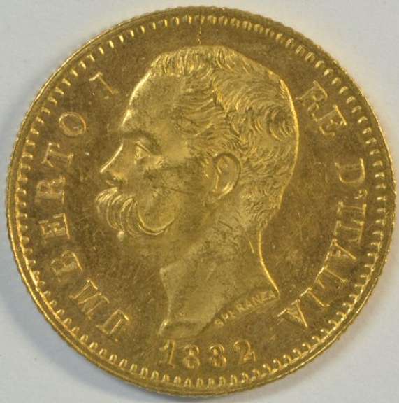 Choice BU 1882 Italy 20 Lire Gold Piece