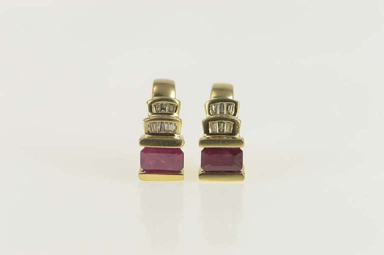 14K Yellow Gold 2.00 Ctw Emerald Cut Ruby Diamond Stud Earrings