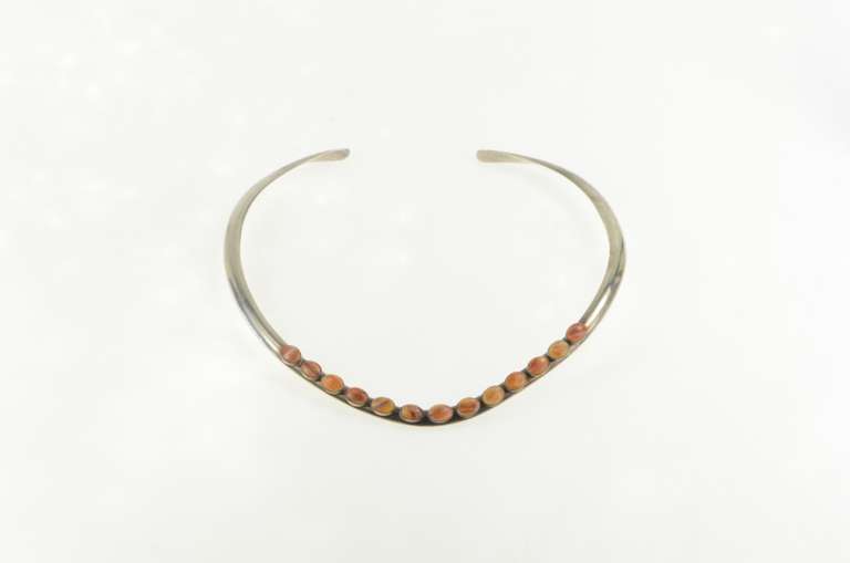 Sterling Silver Oval Agate Cabochon Inlay Statement Collar Necklace