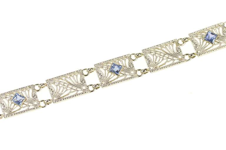 14K White Gold Art Deco Ornate Filigree Syn. Sapphire Bracelet