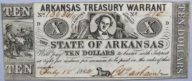 Choice Uncirculated July 18 1862 $10 Arkansas Treasury Warrant