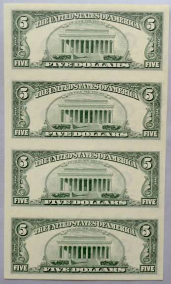 Sheet of 4 Uncut 1999 $5 Boston Fed Reserve Notes